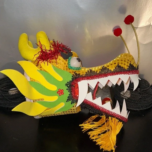 Colorful Yellow Dragon Head 🐲 Halloween Costume with Fringe - Picture 4 of 15